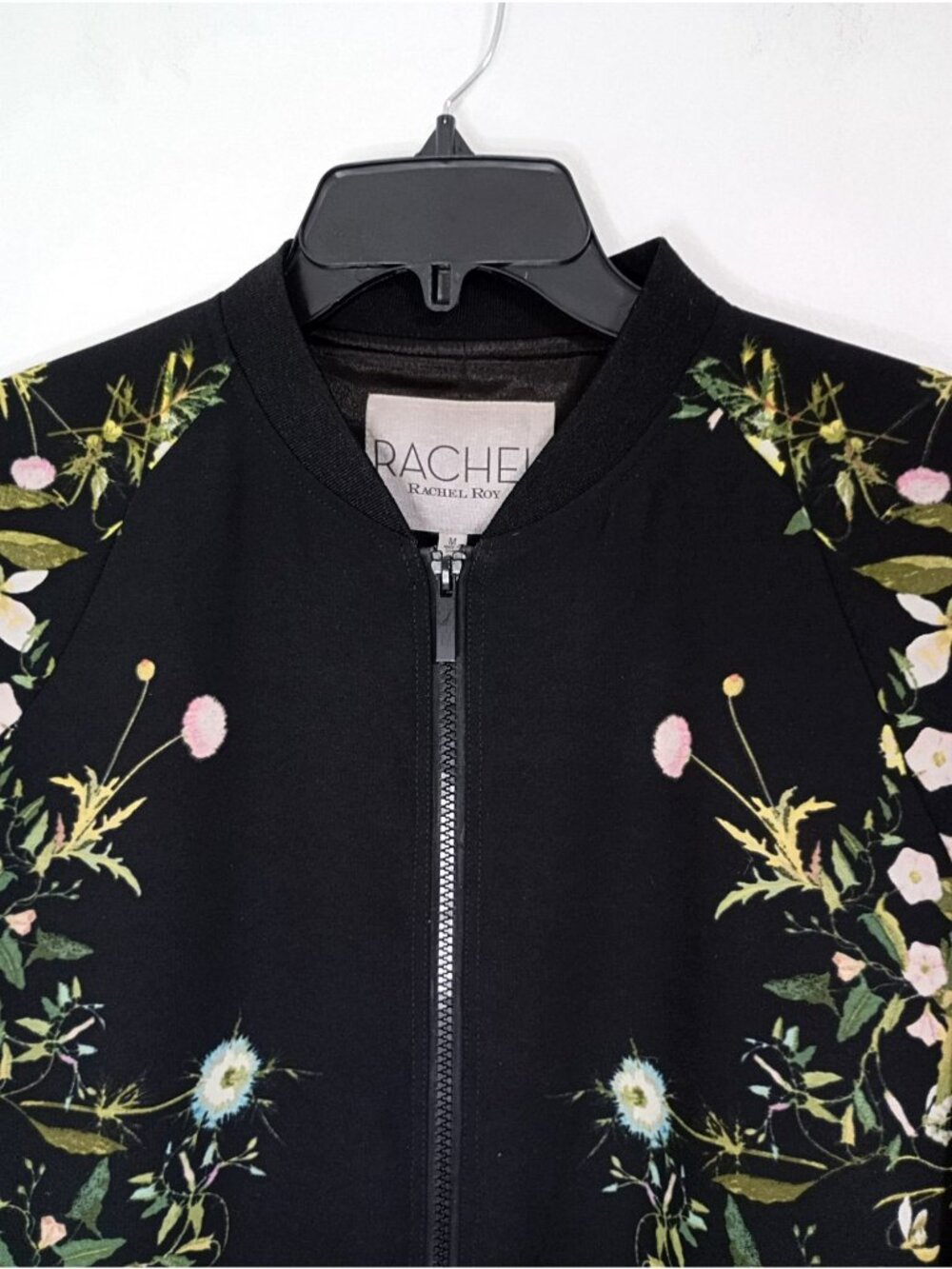 Rachel Roy Black Bomber Jacket With Floral Print Zip Closure Medium Womens - Picture 4 of 10